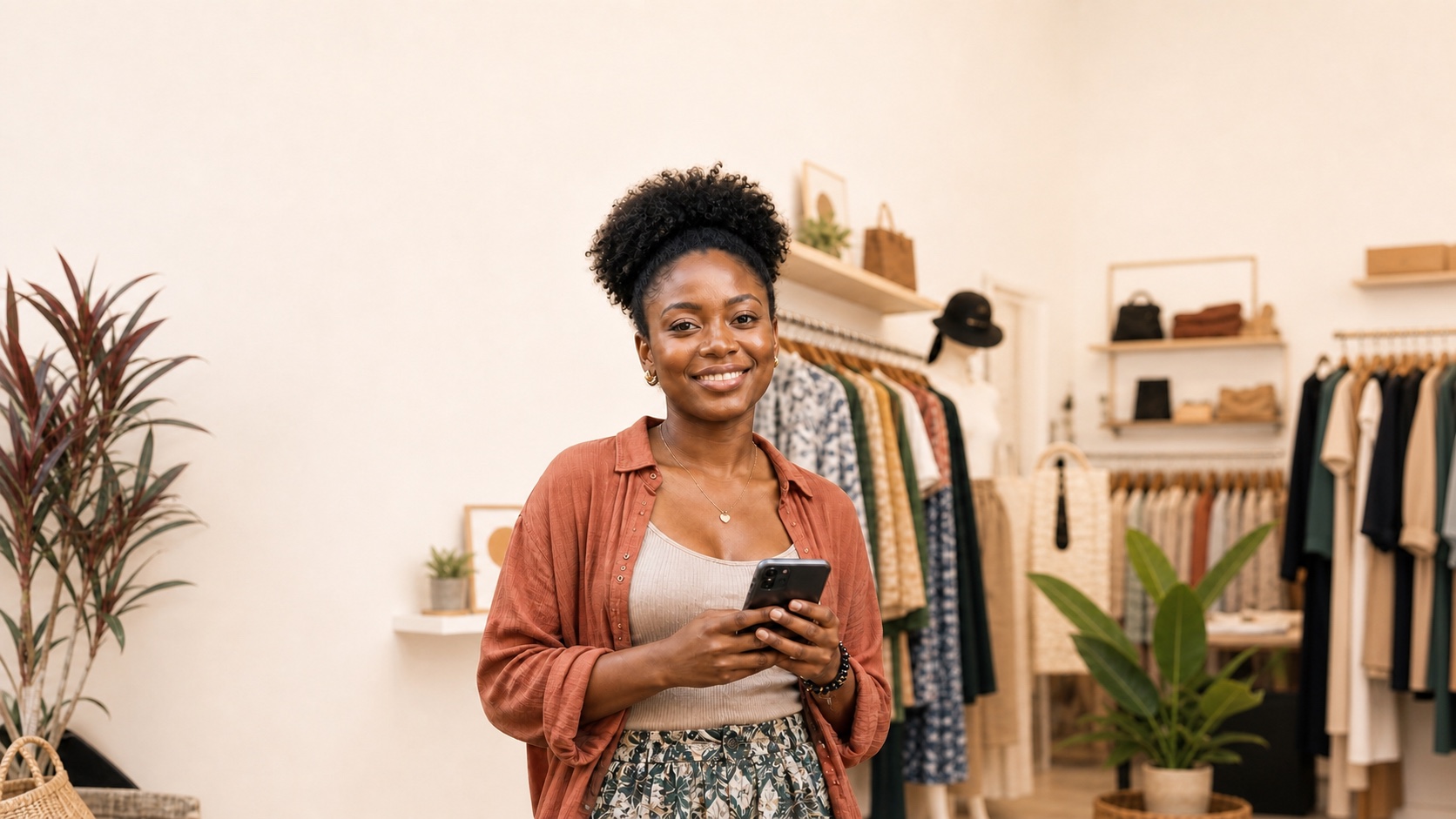 A smiling fashion boutique owner holding her phone inside her bright shop